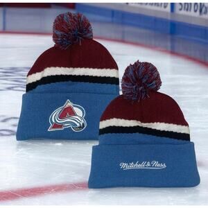 Mitchell & Ness Colorado Avalanche Youth Beanie Hat Blue Maroon Pom Cuffed NHL